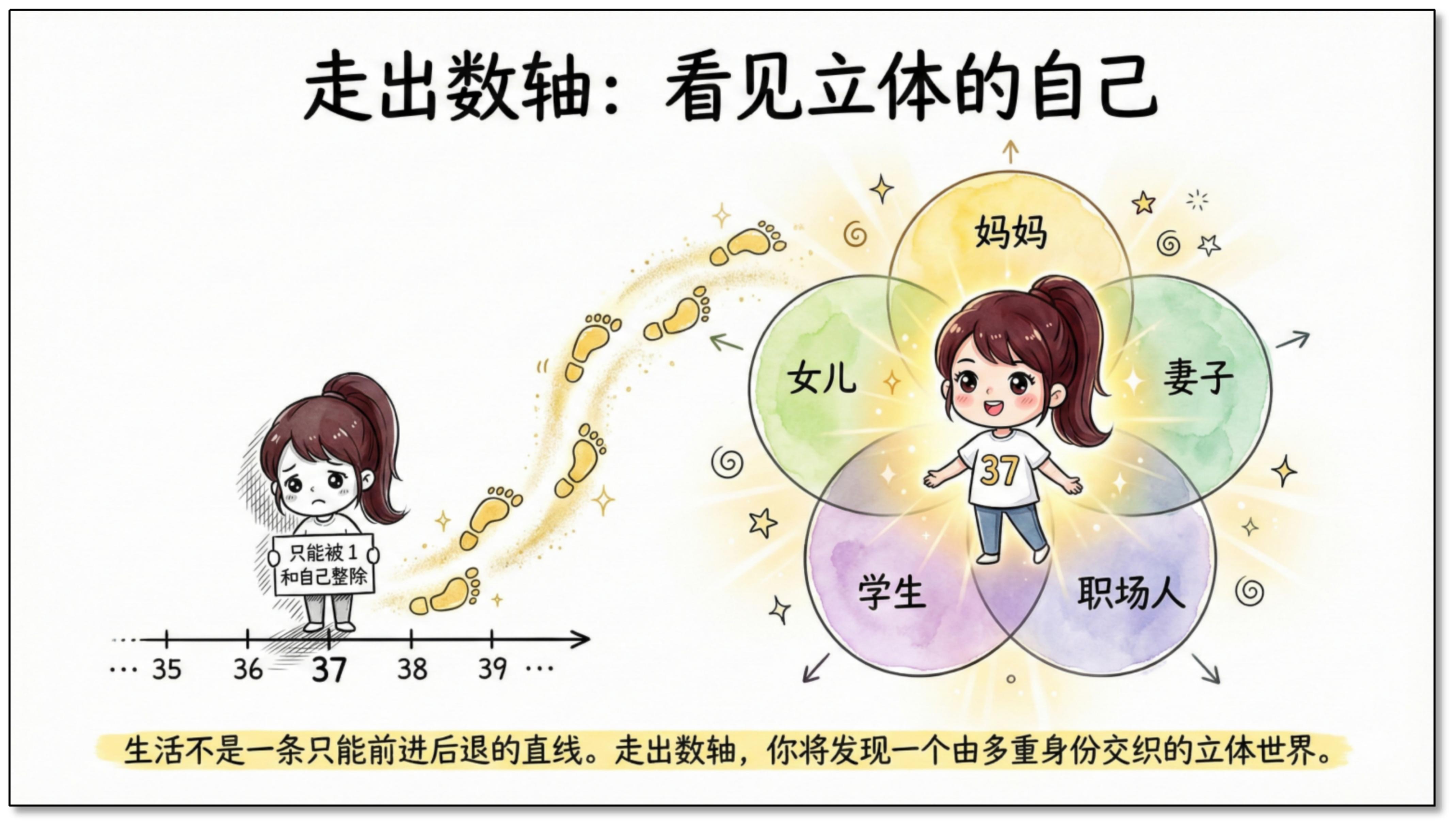 走出数轴:看见立体的自己。图中以数轴与文氏图表现 37 的多重身份。