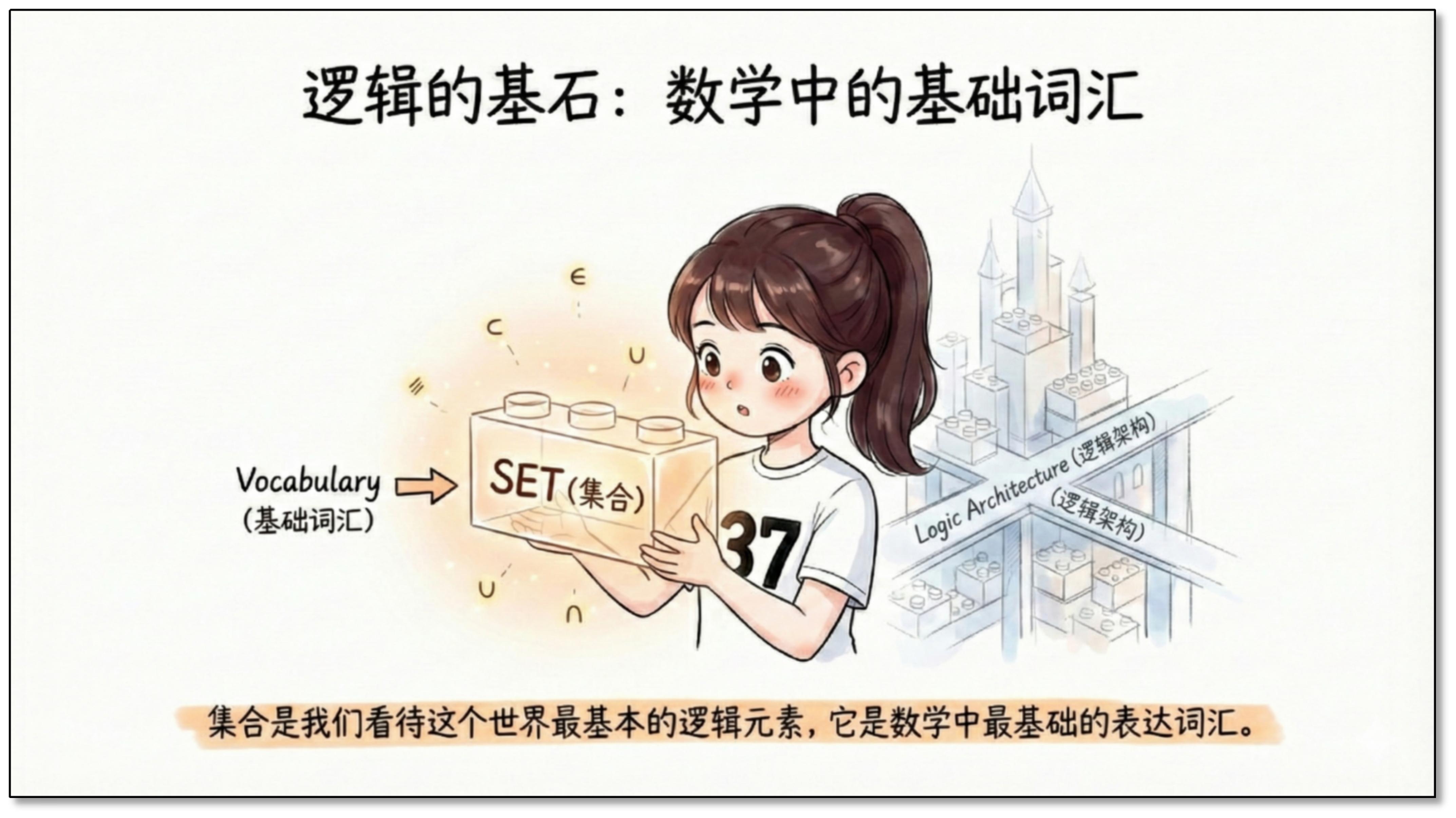 逻辑的基石:数学中的基础词汇。图中以 SET(集合)积木表现集合是逻辑架构中的基础词汇。